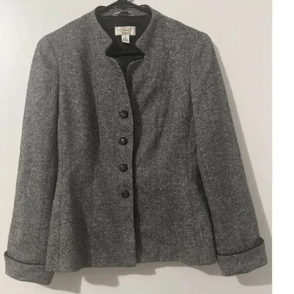 Talbots Italy Womens Black Wool Tweed Plaid Notched Collar Button Blazer sz‎ 8 - Picture 2 of 5